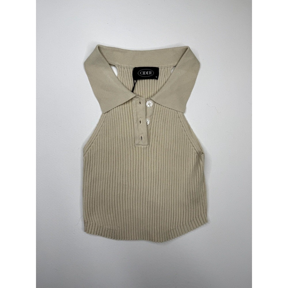 Cider Polo Collar Tank Top Womens Medium Beige Viscose Ribbed Knitted Cropped